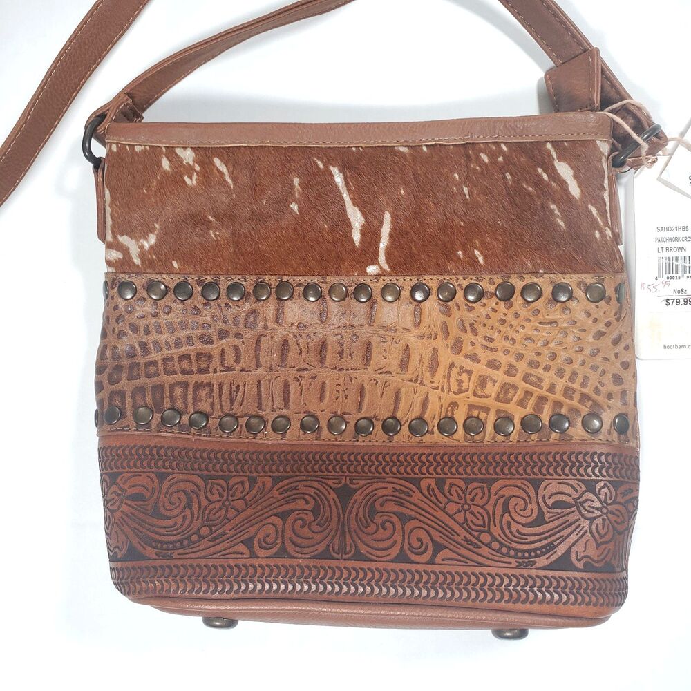 NWT Shyanne Women’s Leather Crossbody Bag Brown Cowhide and PU Tooled Studded